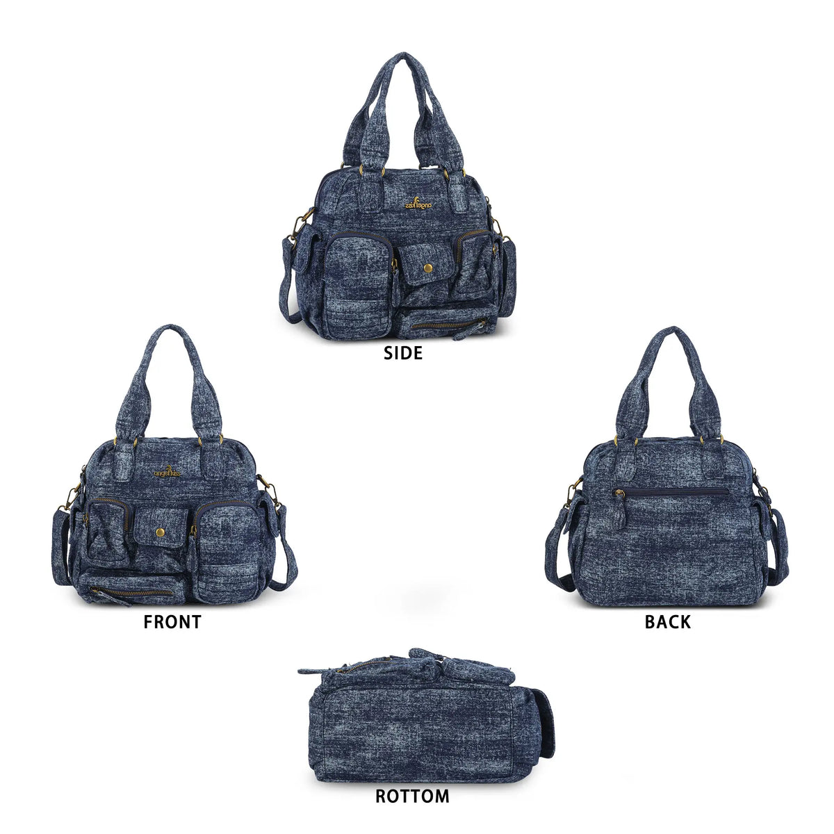 Multi-Pocket Soft Denim Tote Bag – Casual Everyday Shoulder Bag with Top Handles