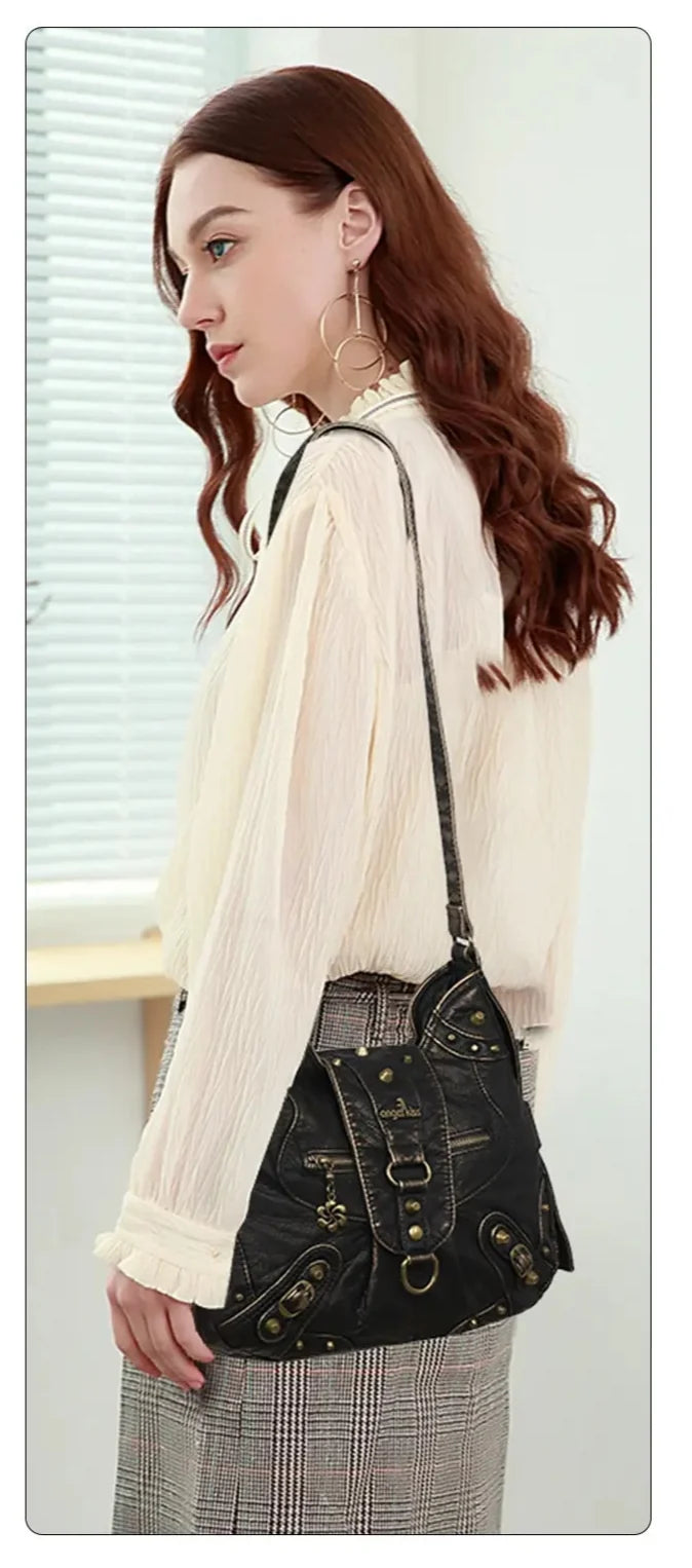 Vintage Studded Curved Hobo Crossbody Bag