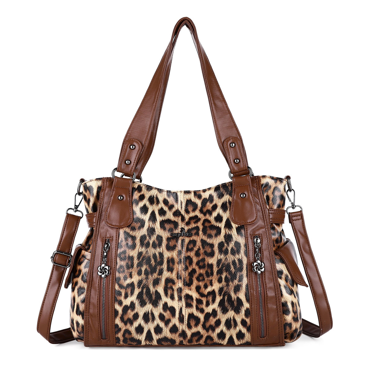 Leopard Print Shoulder Bag with Multiple Zip Pockets