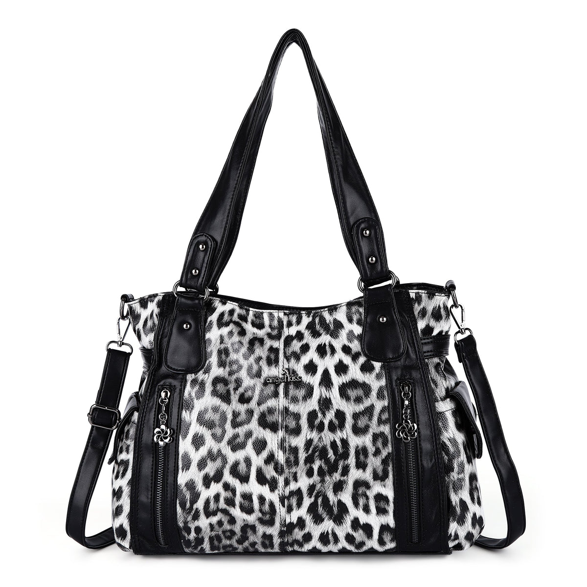 Leopard Print Shoulder Bag with Multiple Zip Pockets