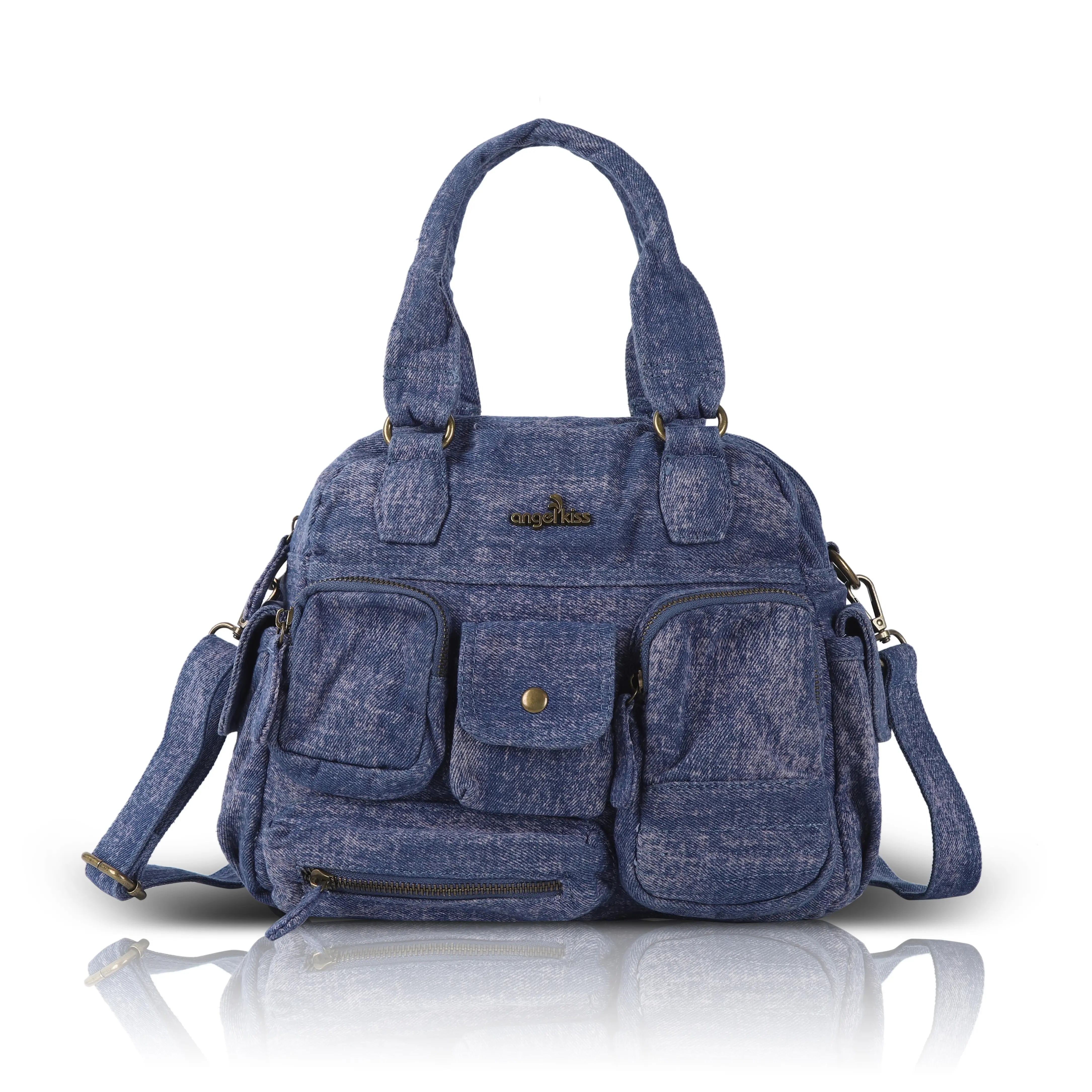 Multi-Pocket Soft Denim Tote Bag – Casual Everyday Shoulder Bag with Top Handles