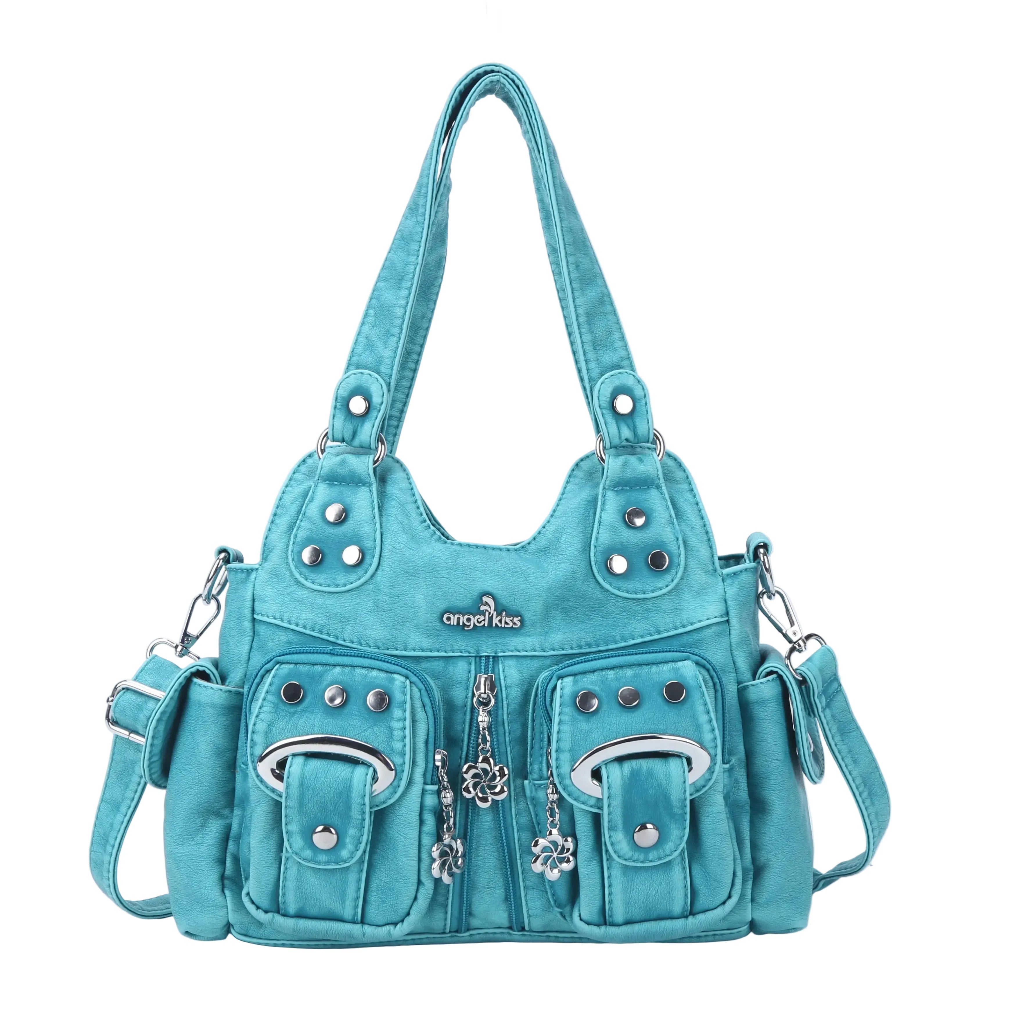 Vintage Multi-Pocket Shoulder Bag - Washed Texture with Studs & Charms