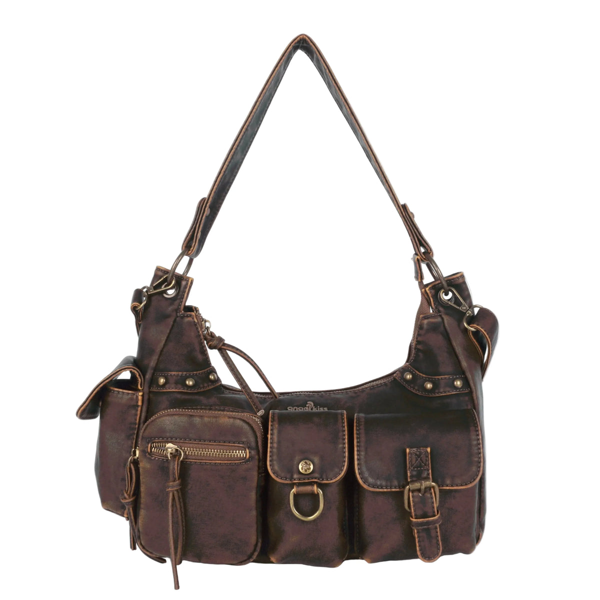 Vintage-Inspired Vegan Leather Shoulder Bag with Multi-Pocket Design