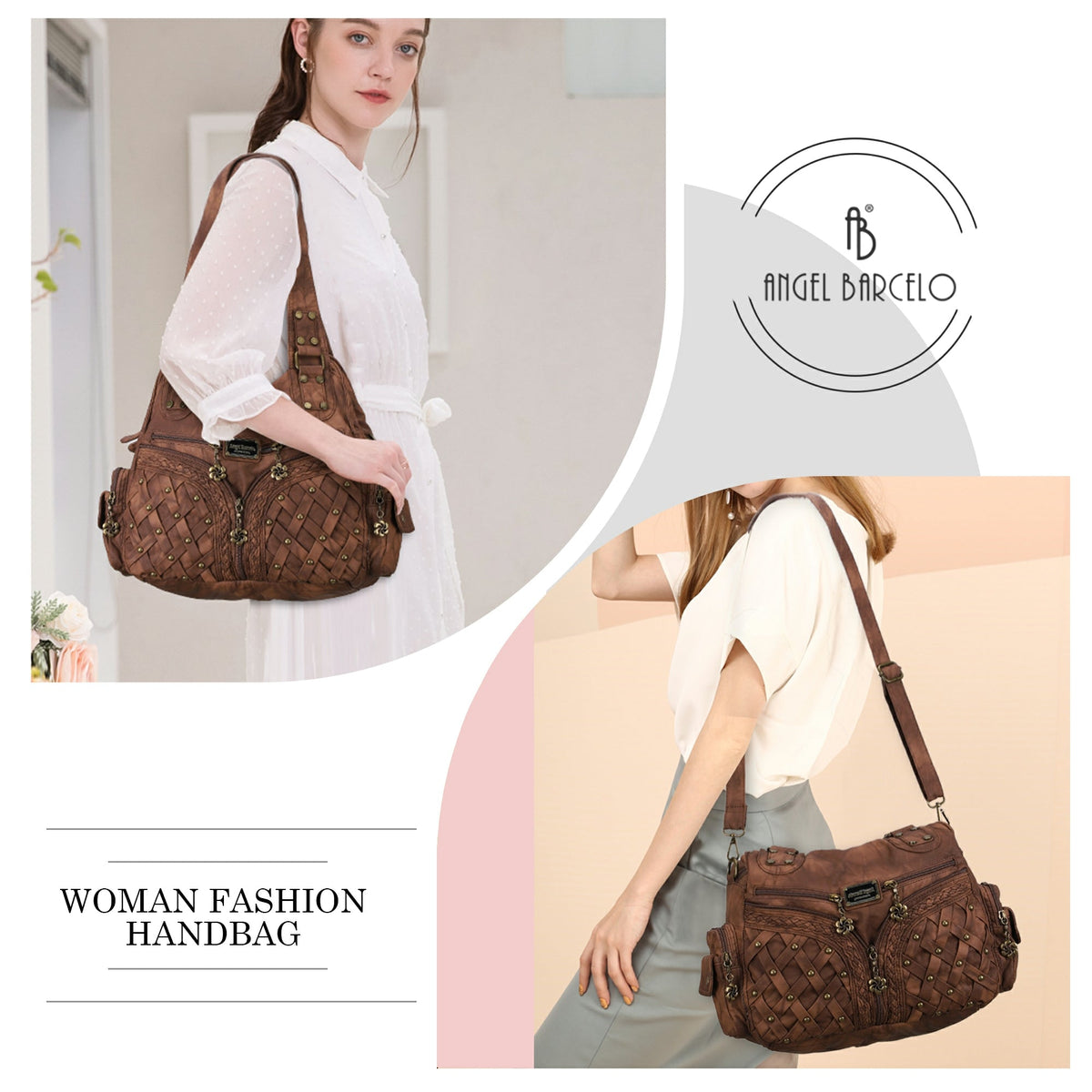 PU Studded Braided Multi-Pocket Hobo Bag