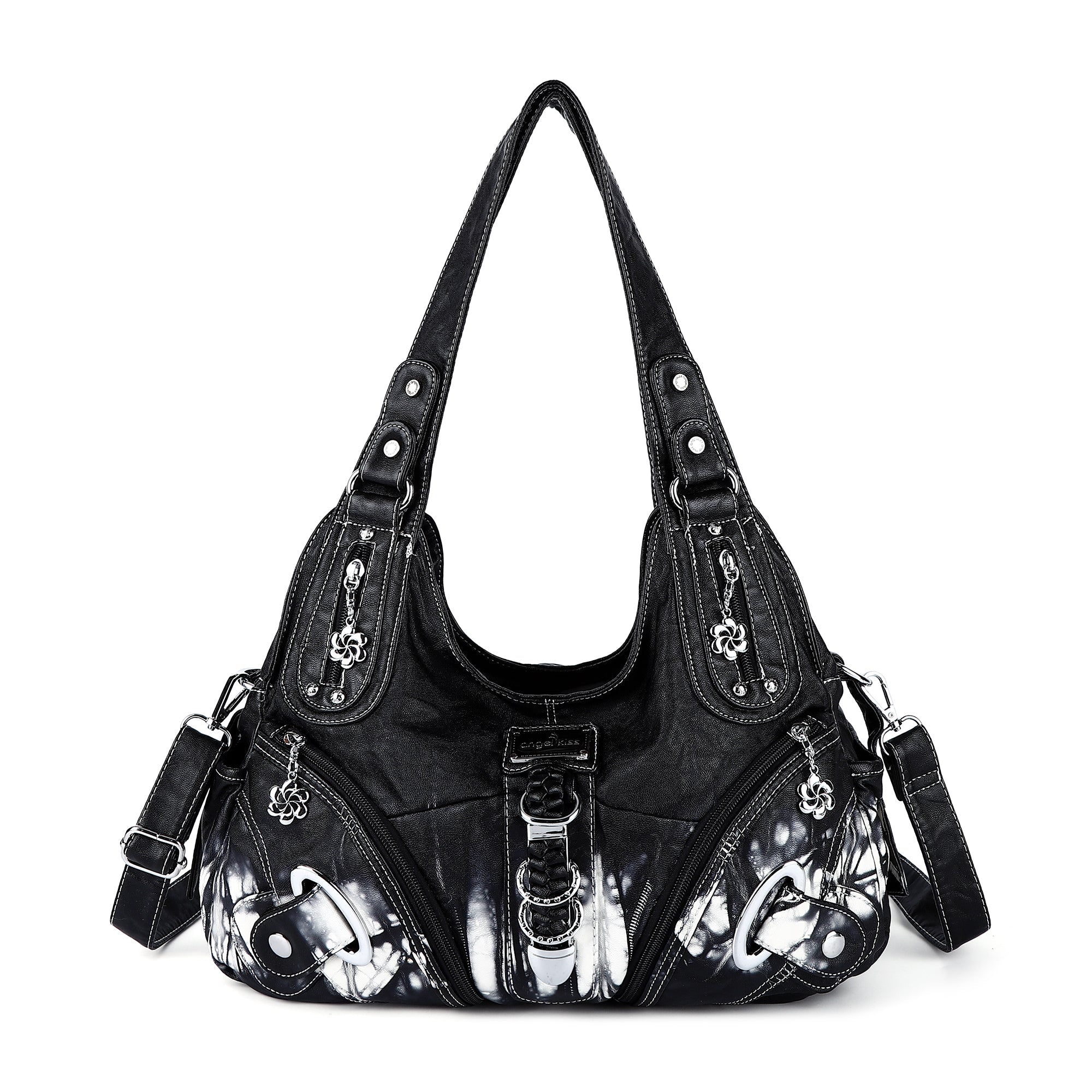 Vintage Large Capacity Multi-Pocket Hobo Shoulder Bag with Rivet Details
