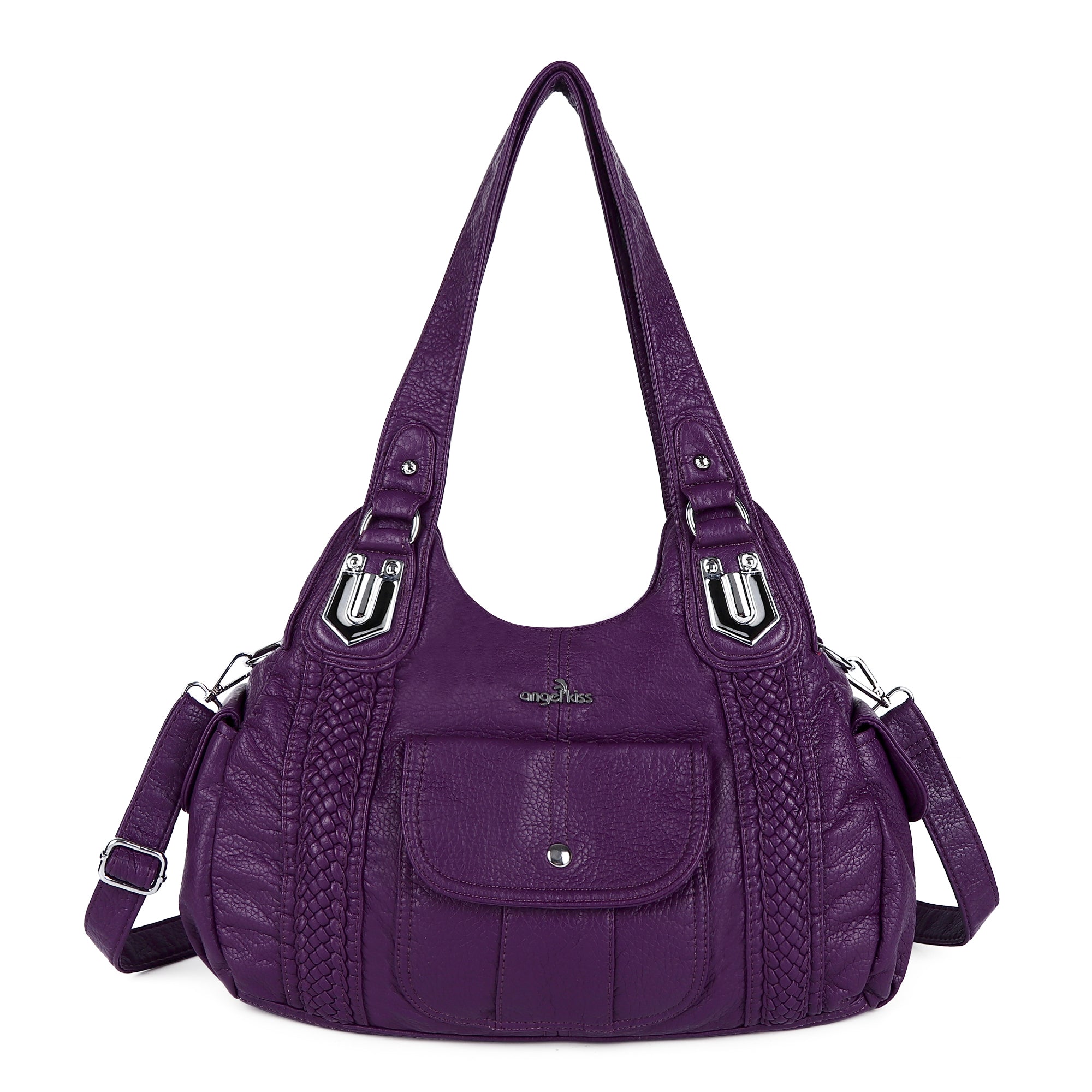 Woven Trim Washed Vegan Leather Hobo Bag