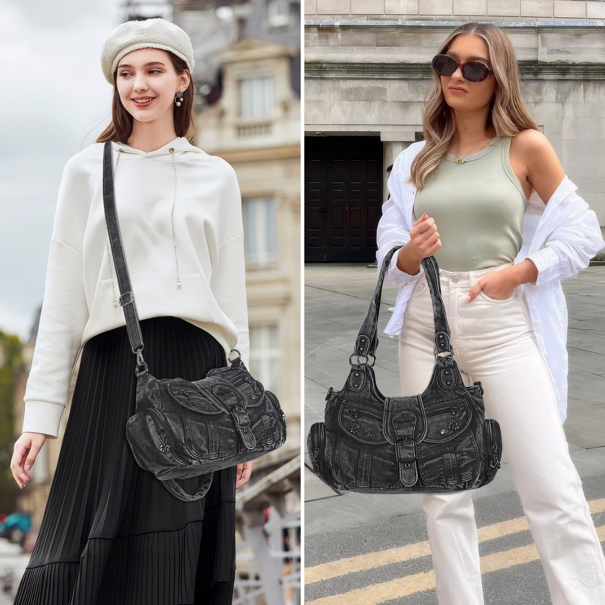 Black Washed Denim Multi-Pocket Hobo Shoulder Bag for Women