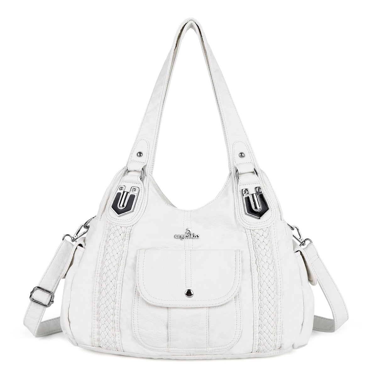 Woven Trim Washed Vegan Leather Hobo Bag