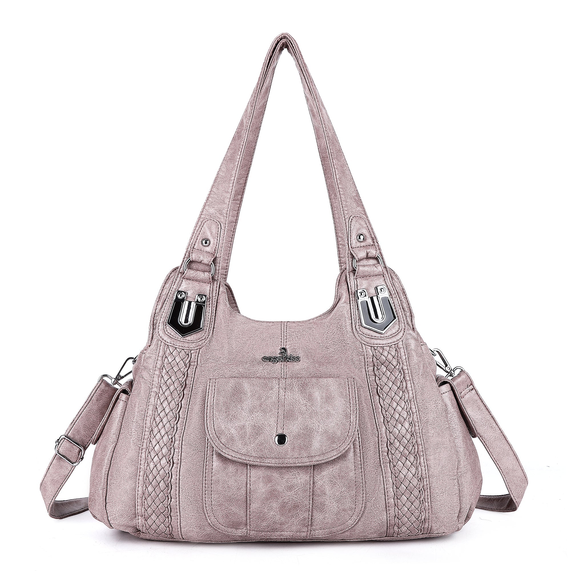 Woven Trim Washed Vegan Leather Hobo Bag