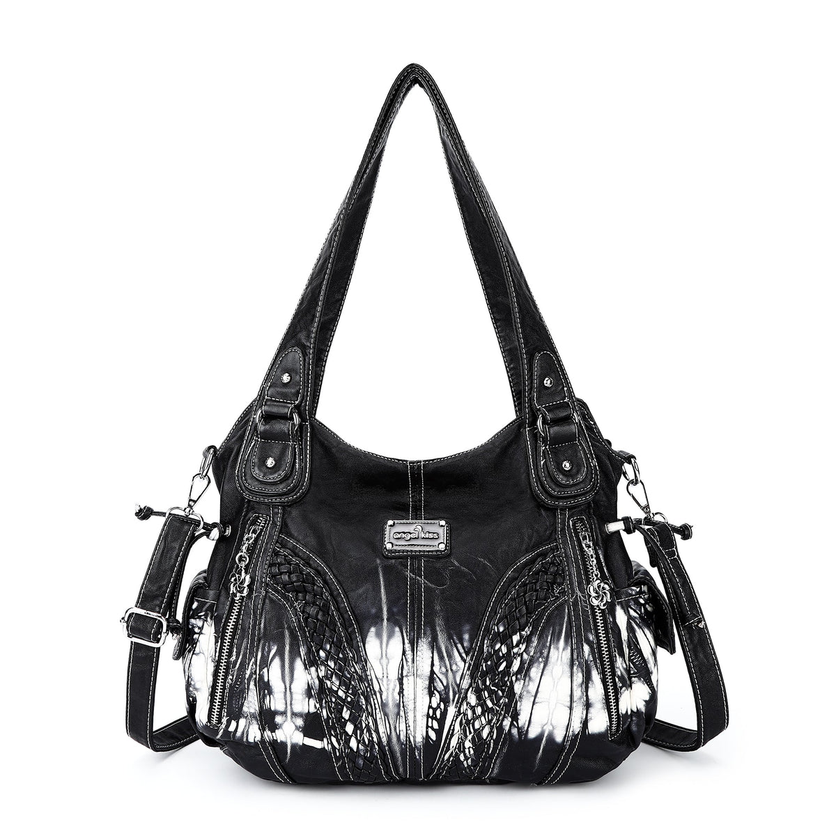 Washed Vegan Leather Braided Multi-Pocket Shoulder Bag