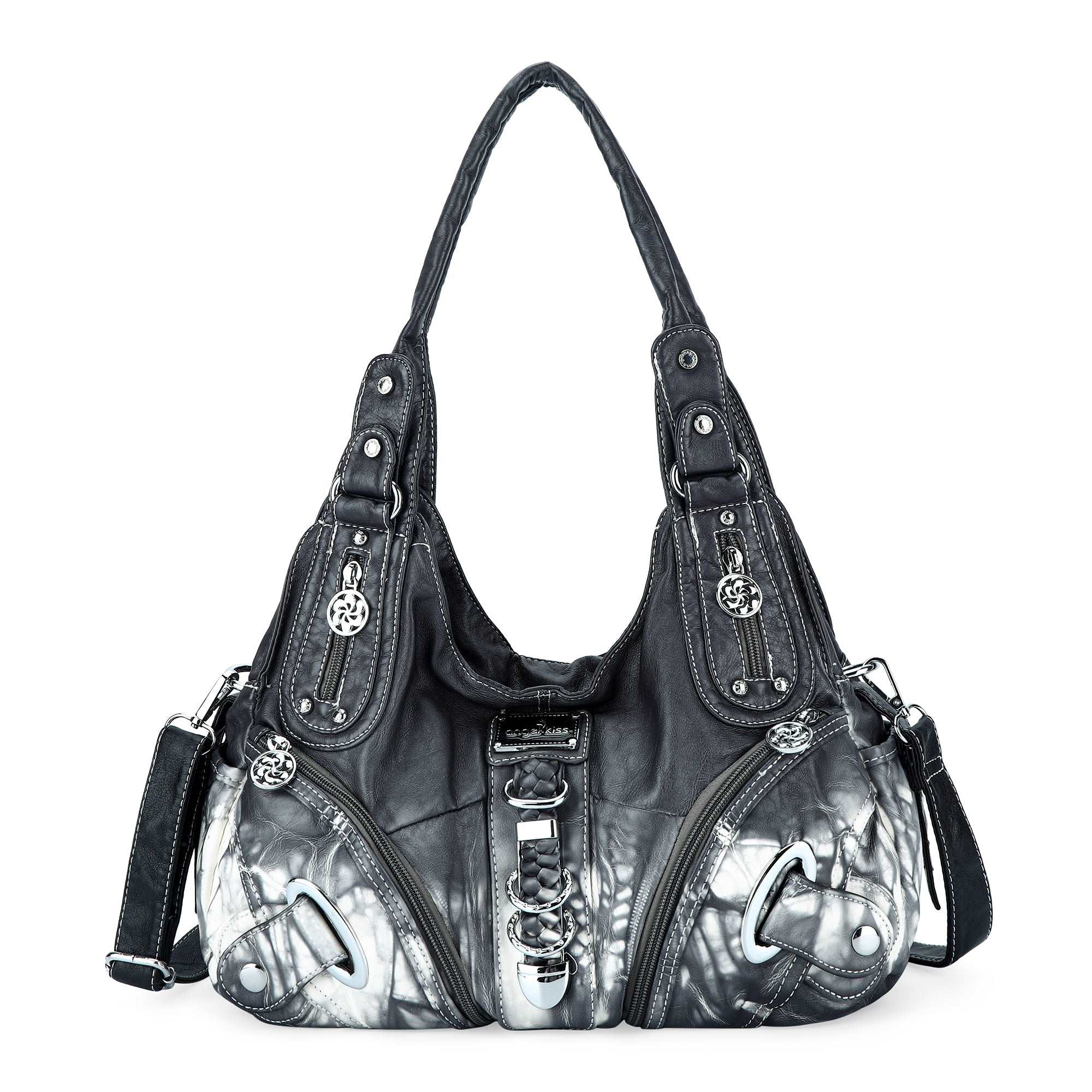 Vintage Large Capacity Multi-Pocket Hobo Shoulder Bag with Rivet Details