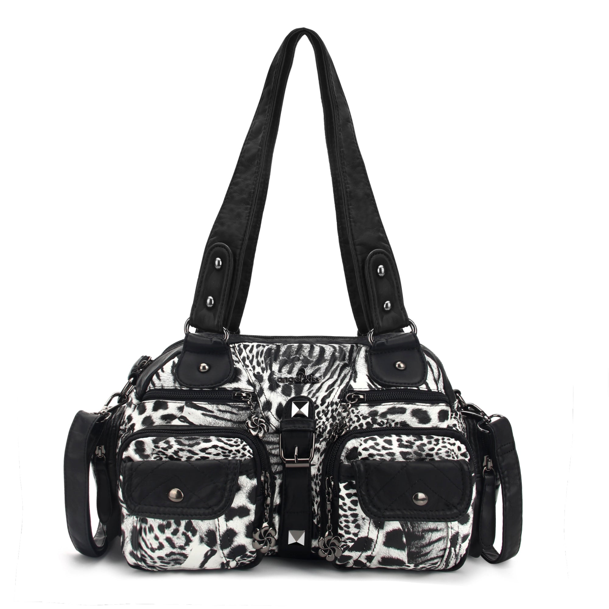 Studded Multi-Pocket Shoulder Bag with Buckle Accents