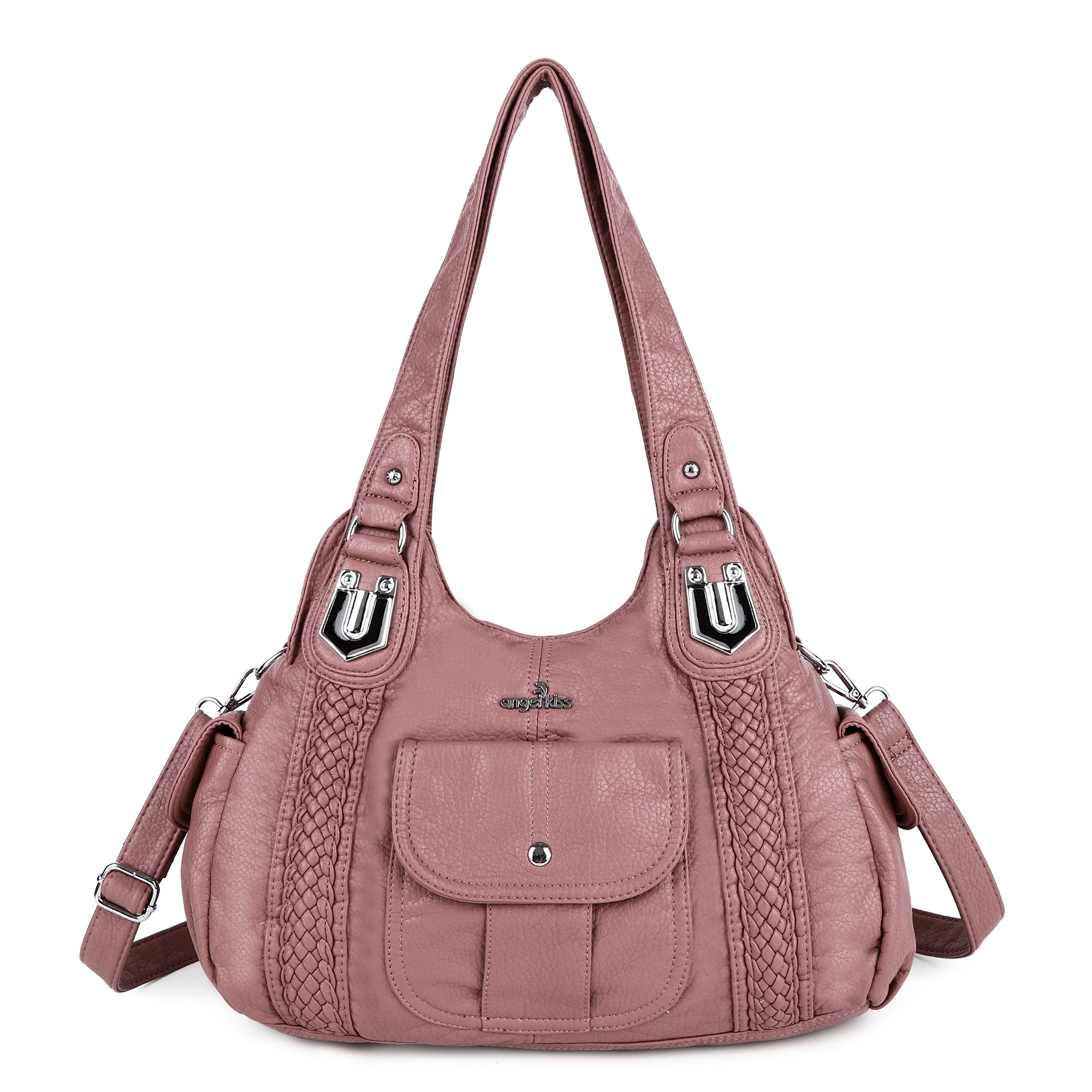 Woven Trim Washed Vegan Leather Hobo Bag