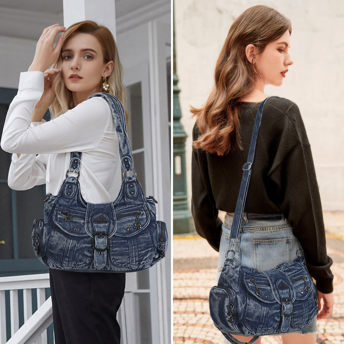 Black Washed Denim Multi-Pocket Hobo Shoulder Bag for Women