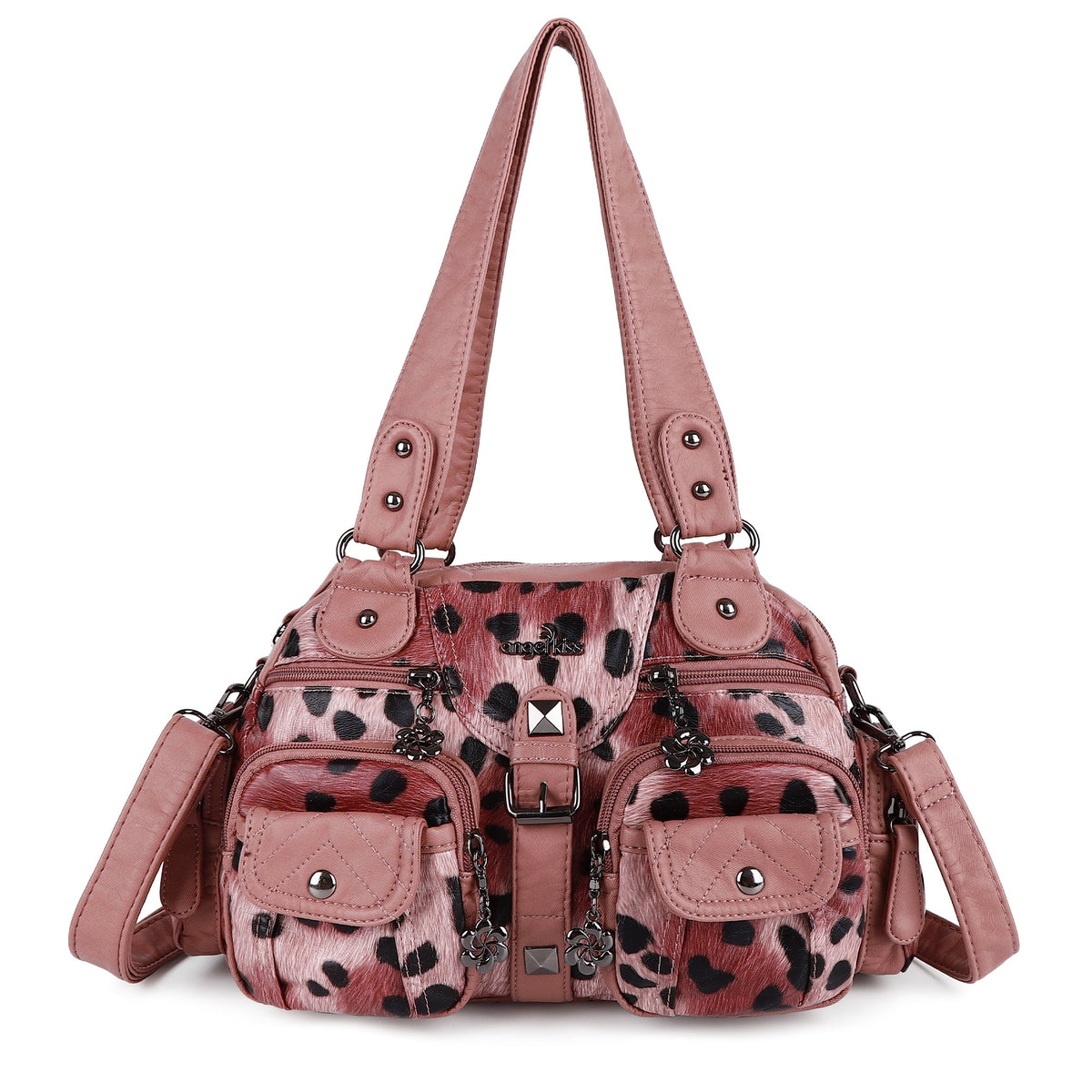 Studded Multi-Pocket Shoulder Bag with Buckle Accents