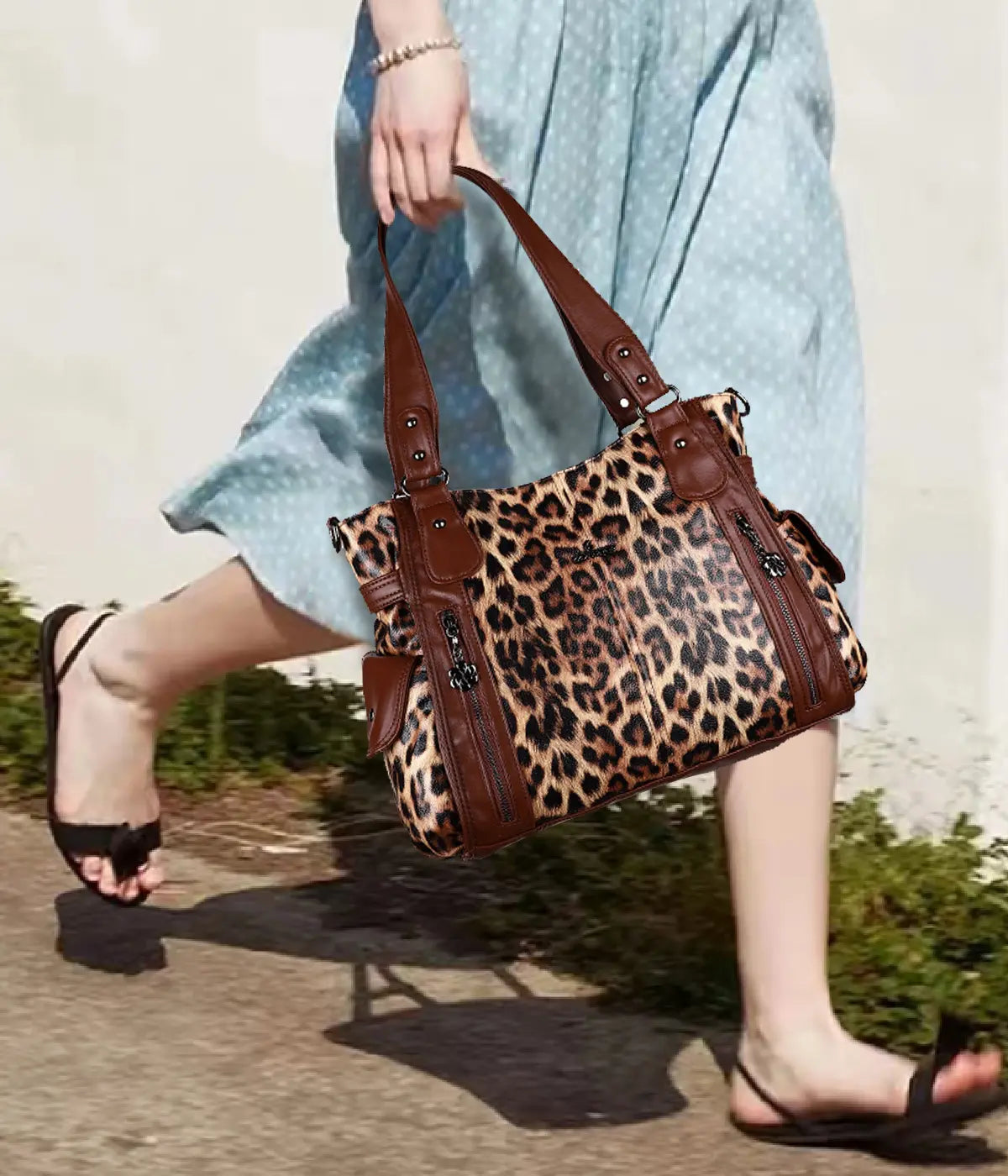 Leopard Print Shoulder Bag with Multiple Zip Pockets