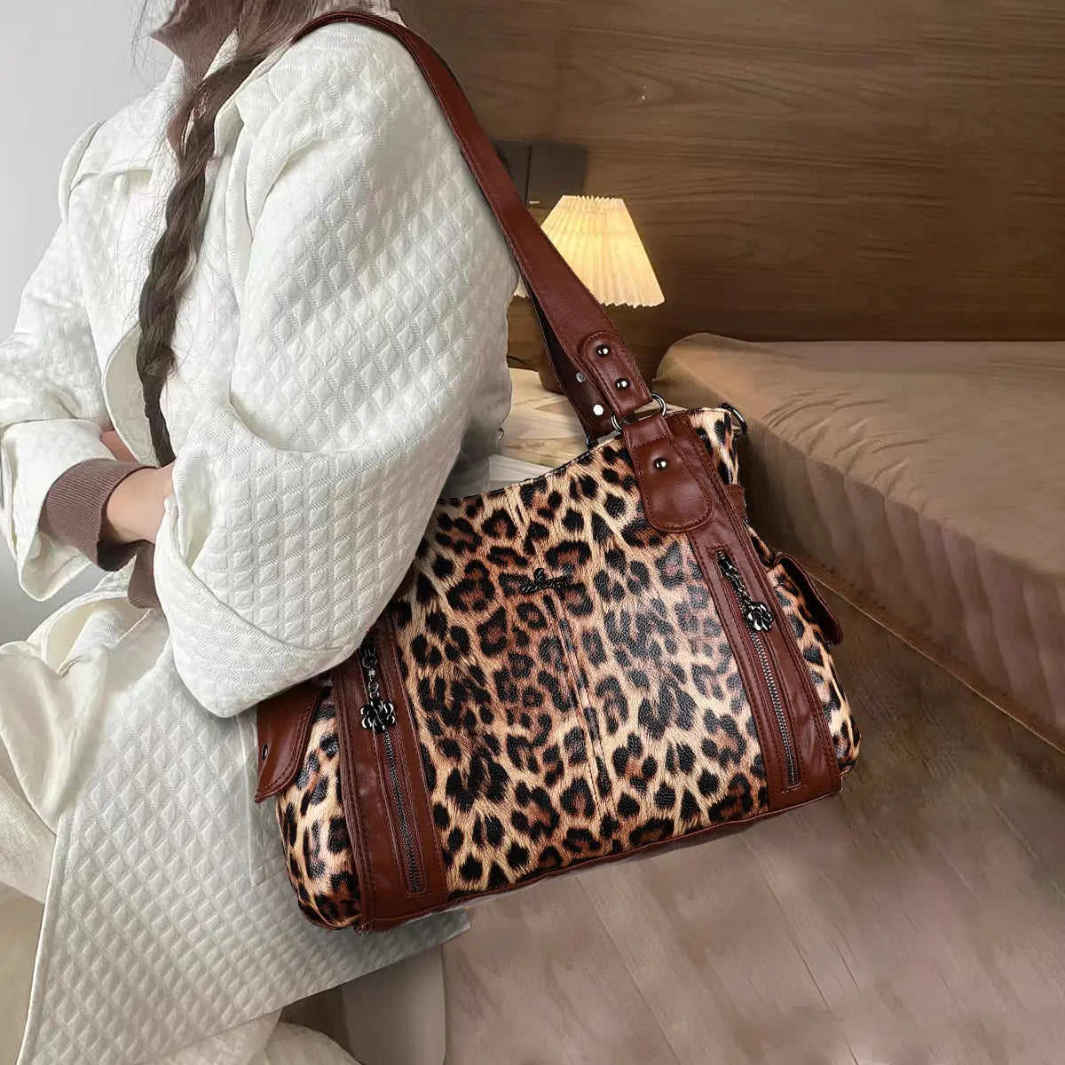 Leopard Print Shoulder Bag with Multiple Zip Pockets