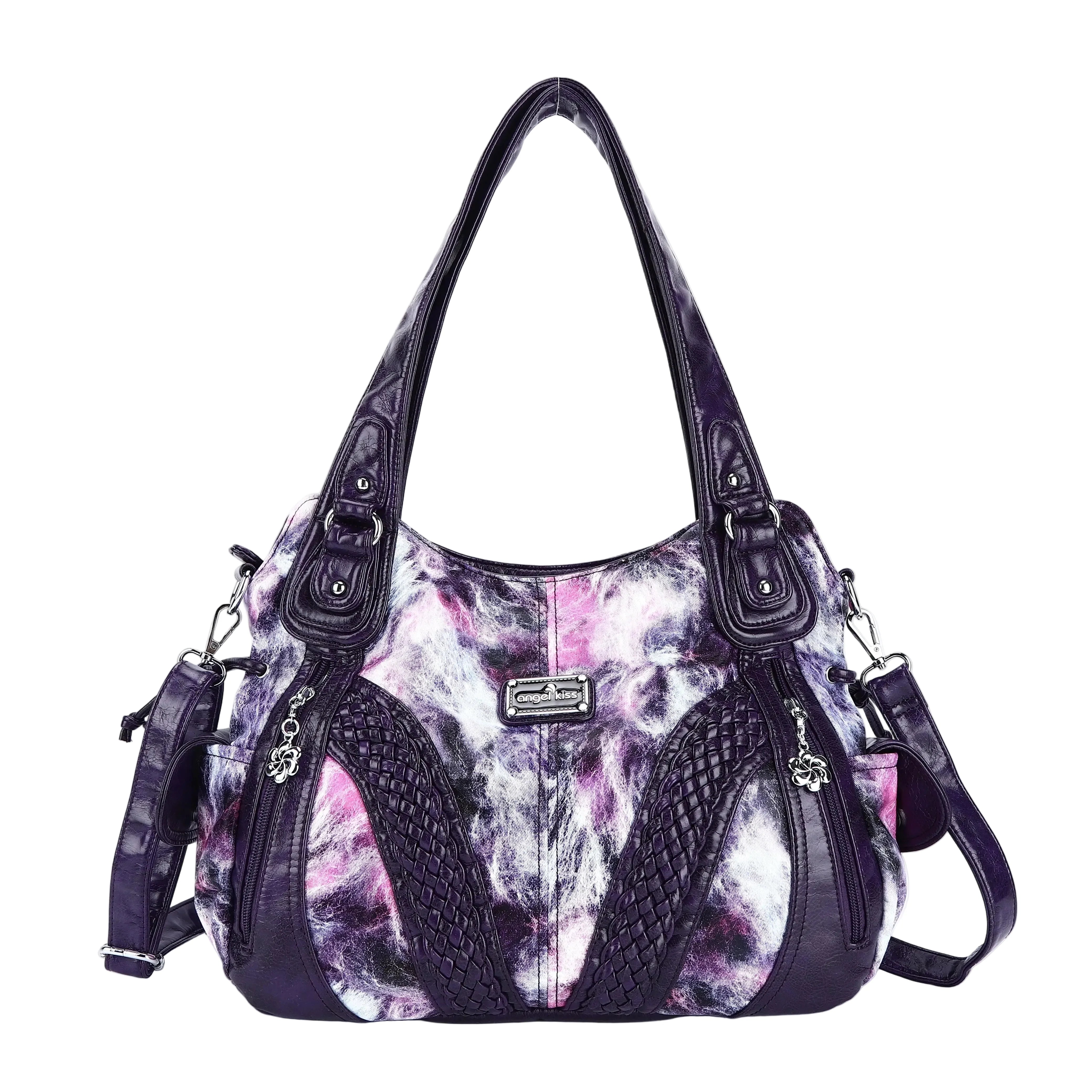 Washed Vegan Leather Braided Multi-Pocket Shoulder Bag