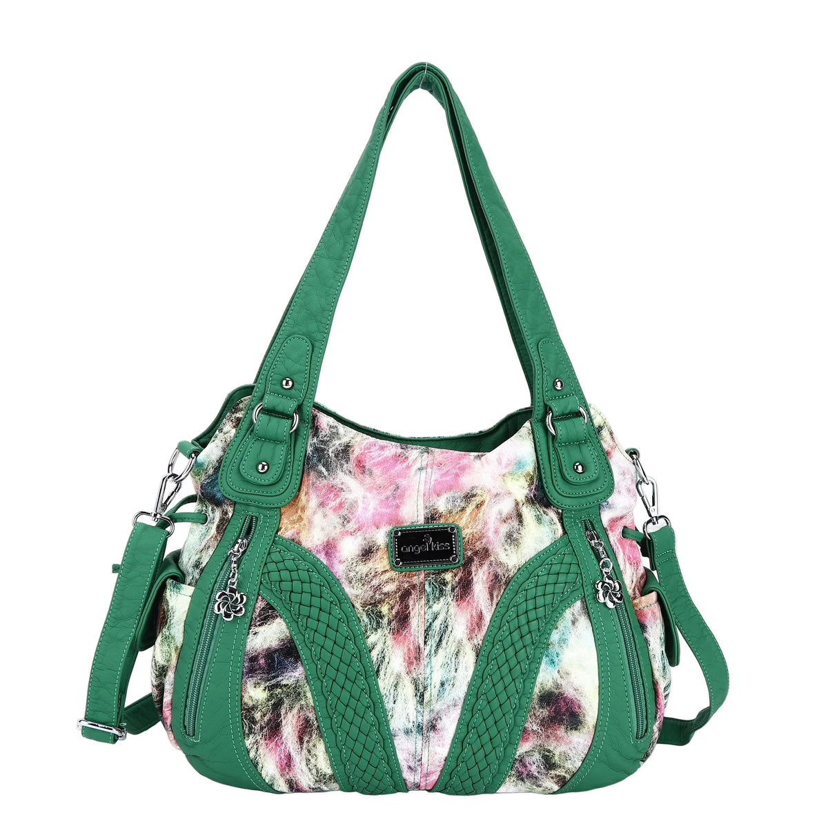 Washed Vegan Leather Braided Multi-Pocket Shoulder Bag