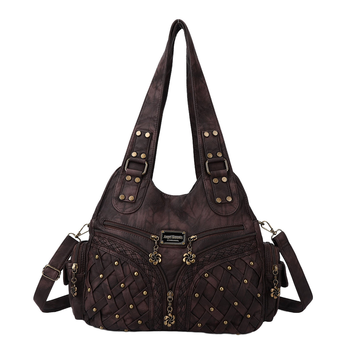 PU Studded Braided Multi-Pocket Hobo Bag