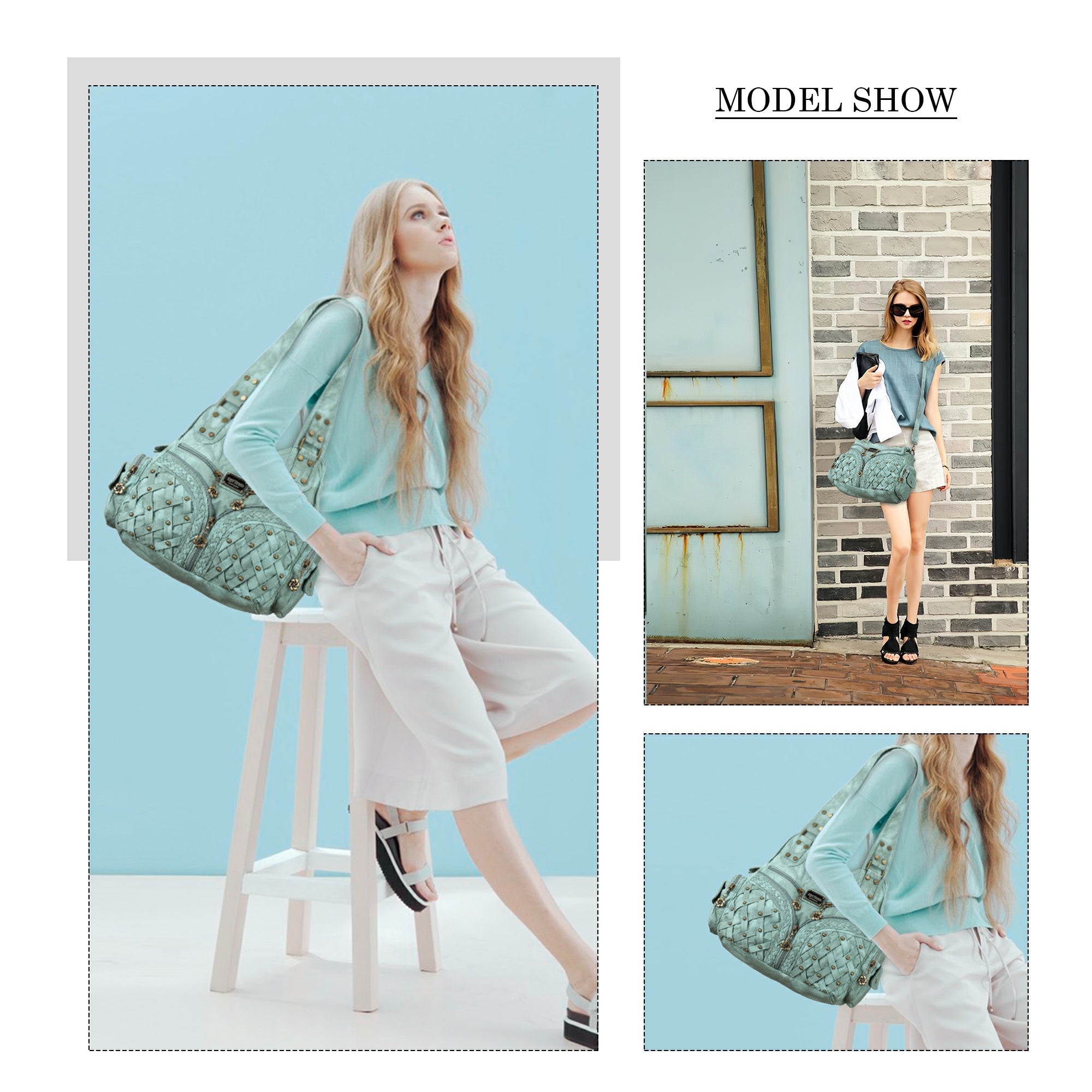 PU Studded Braided Multi-Pocket Hobo Bag
