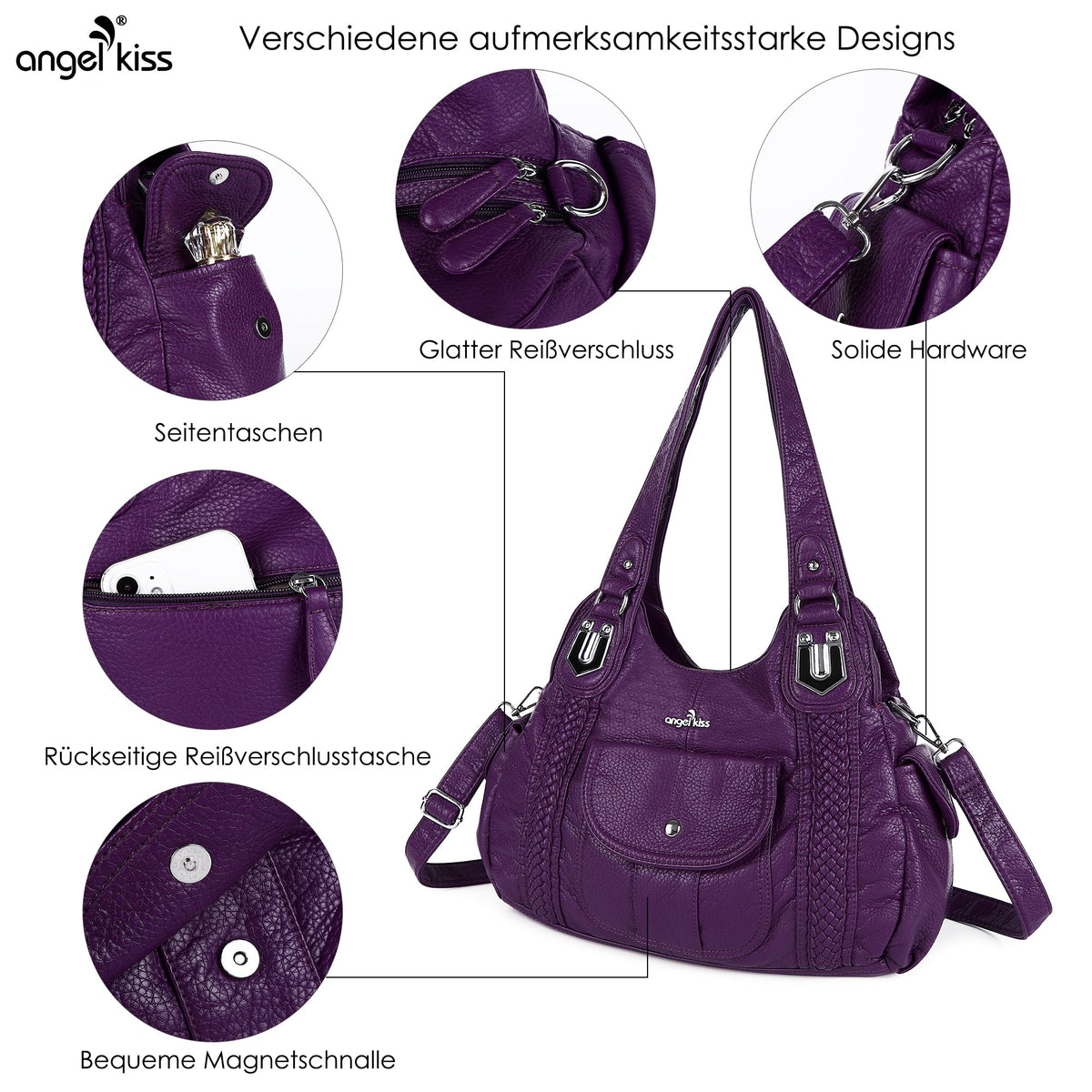 Woven Trim Washed Vegan Leather Hobo Bag