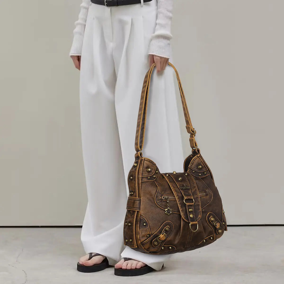 Vintage Studded Curved Hobo Crossbody Bag