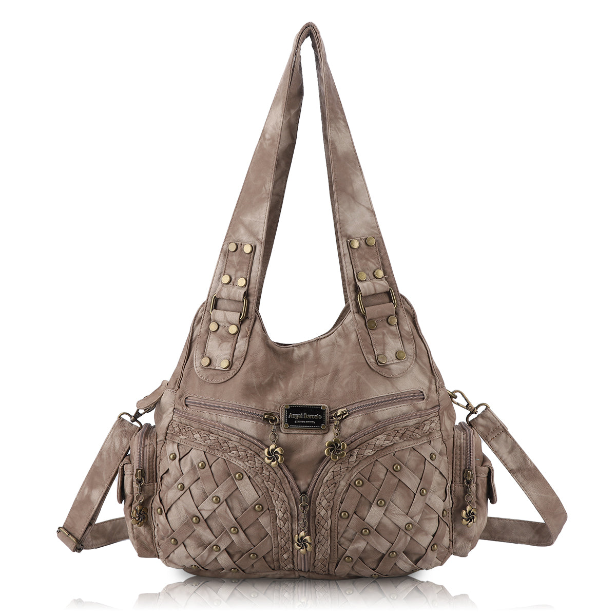 PU Studded Braided Multi-Pocket Hobo Bag