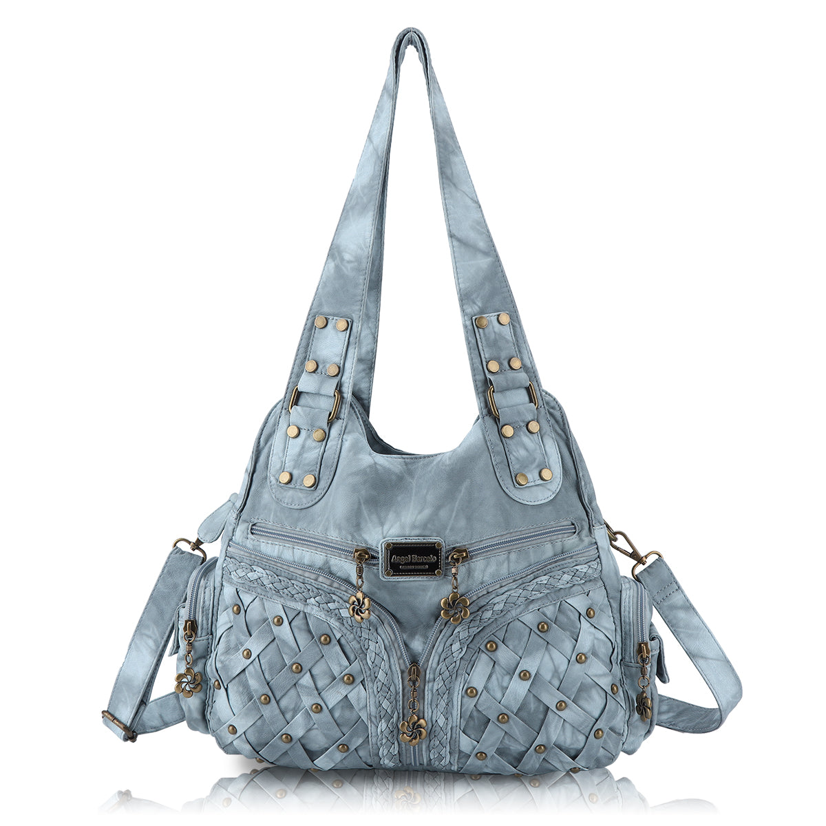 PU Studded Braided Multi-Pocket Hobo Bag
