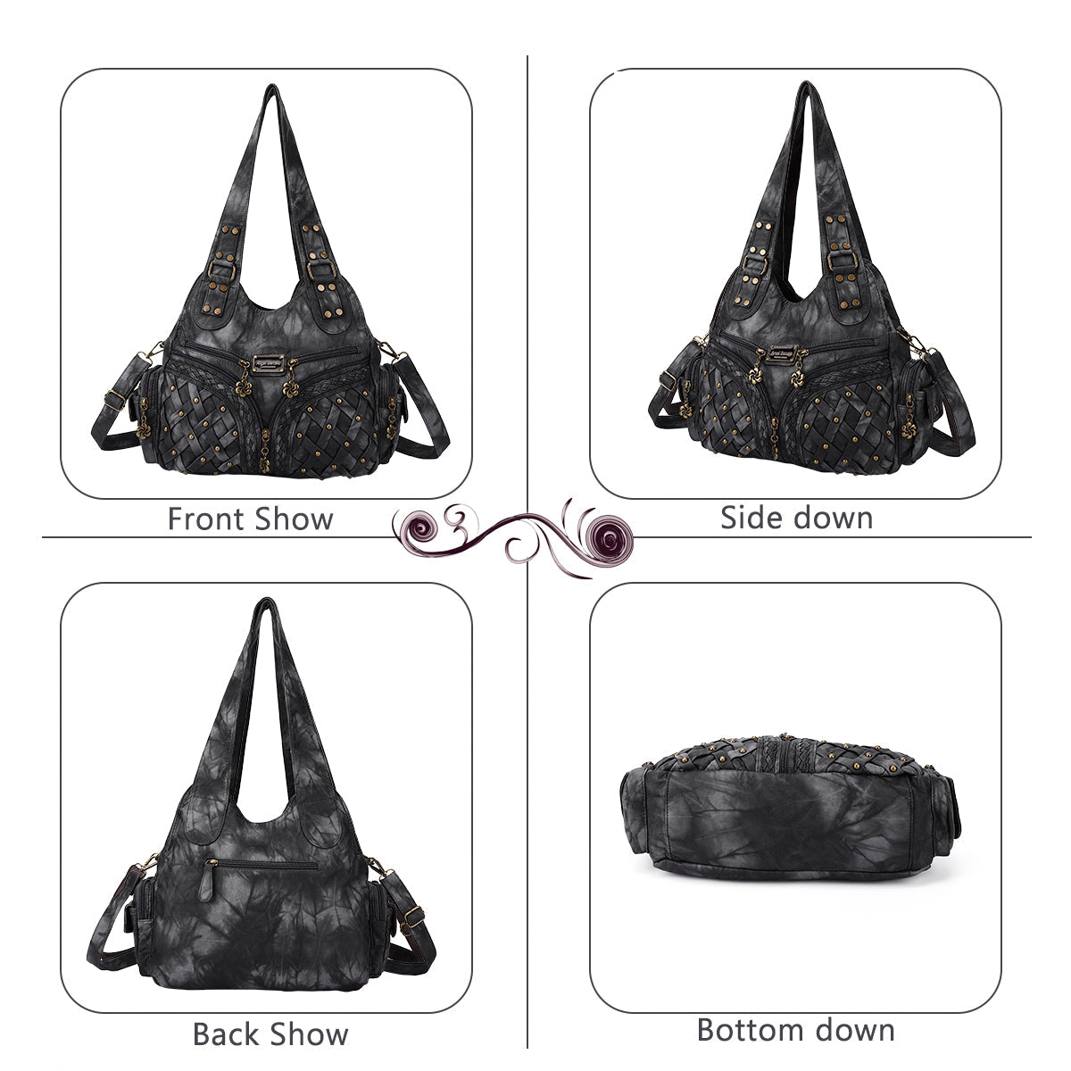 PU Studded Braided Multi-Pocket Hobo Bag