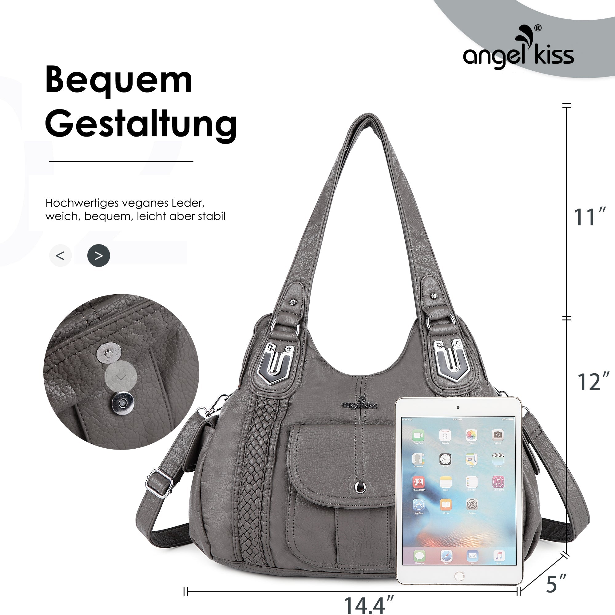 Woven Trim Washed Vegan Leather Hobo Bag