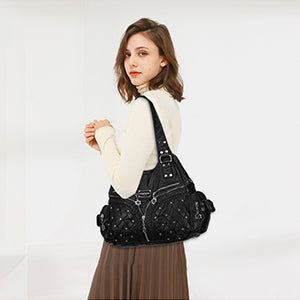 Women Large Capacity Hobo Handbag Washed PU Leather