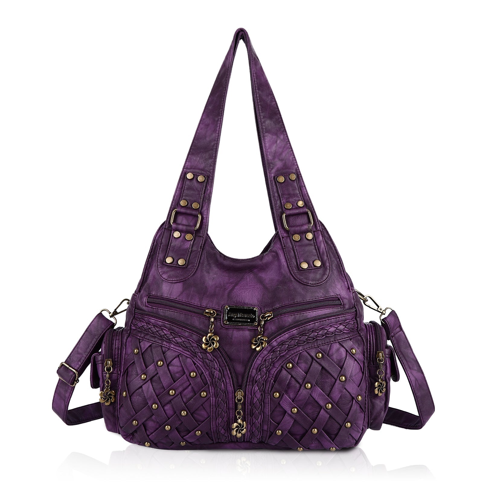 PU Studded Braided Multi-Pocket Hobo Bag