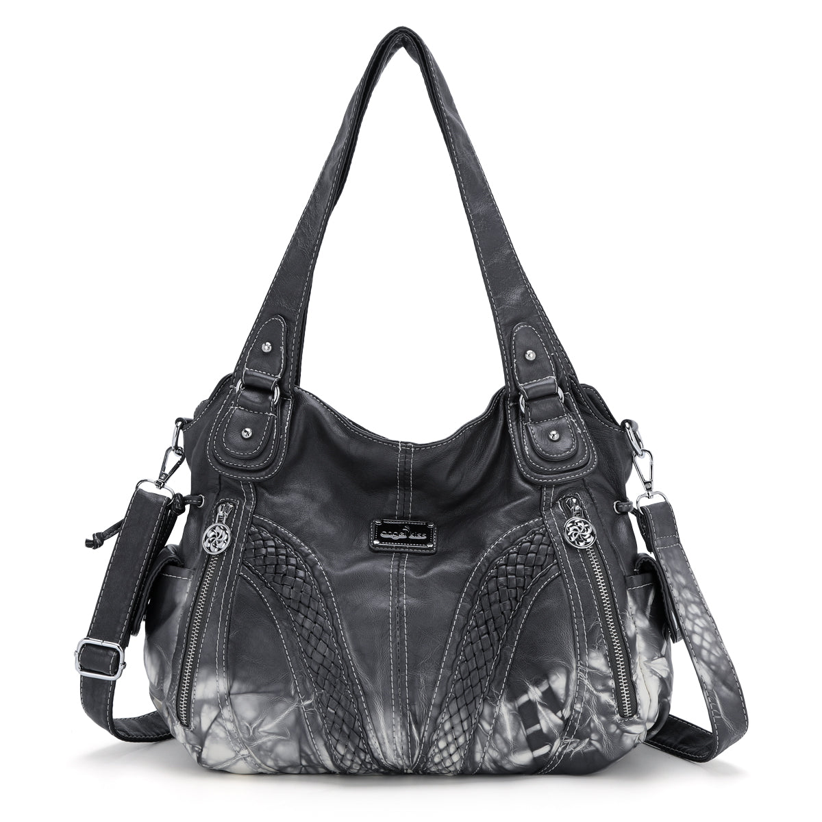 Washed Vegan Leather Braided Multi-Pocket Shoulder Bag