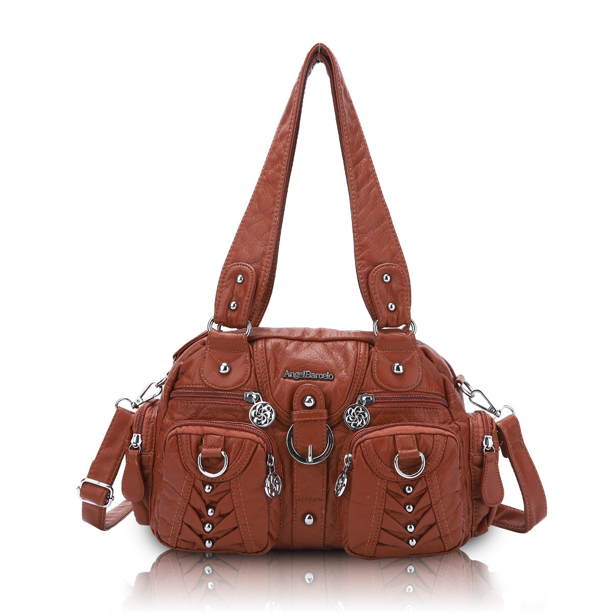Studded Ring-Detail Multi-Pocket Shoulder Bag