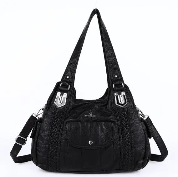 Woven Trim Washed Vegan Leather Hobo Bag