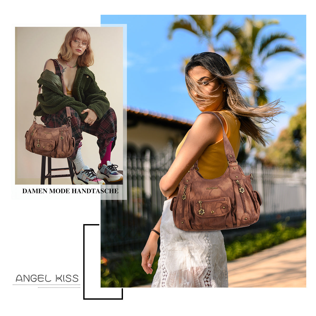 Vintage Washed Tie-Dye Multi-Pocket Shoulder Bag