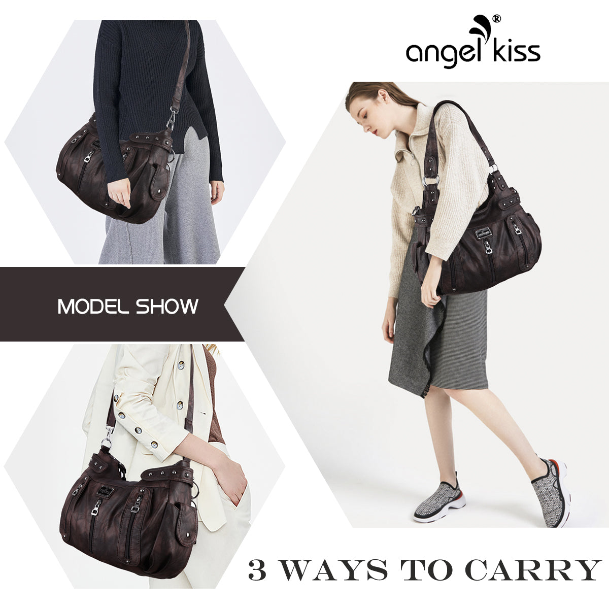 Washed Multi-Zip Hobo Shoulder Bag