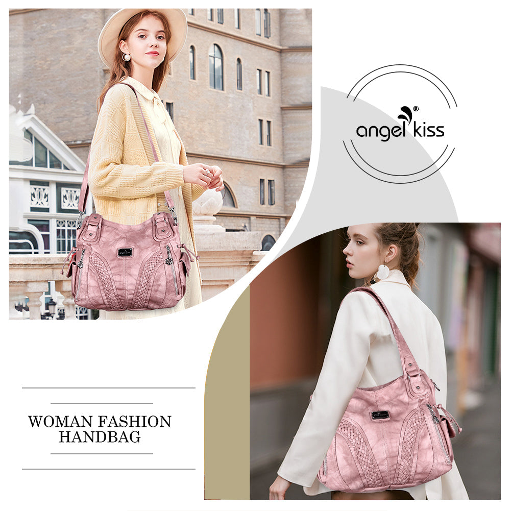Washed Vegan Leather Multi-Pocket Shoulder Bag