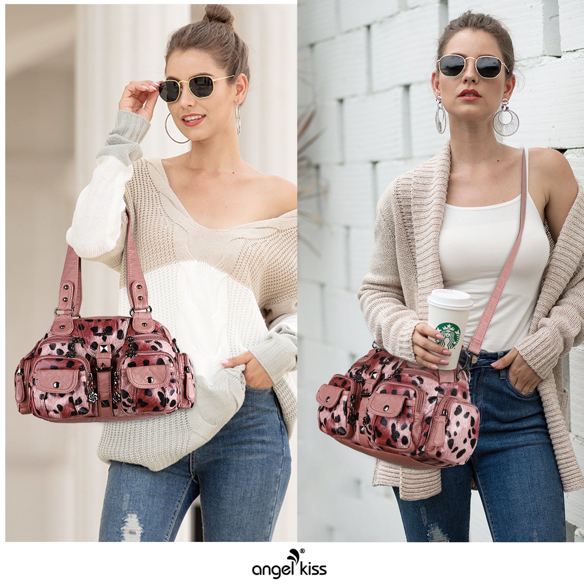 Studded Multi-Pocket Shoulder Bag with Buckle Accents