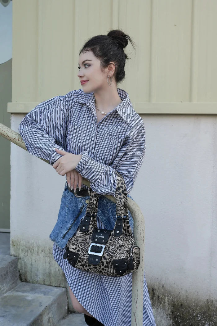 Retro Trend Patchwork Leopard Print Vegan Leather Shoulder Tote Bag