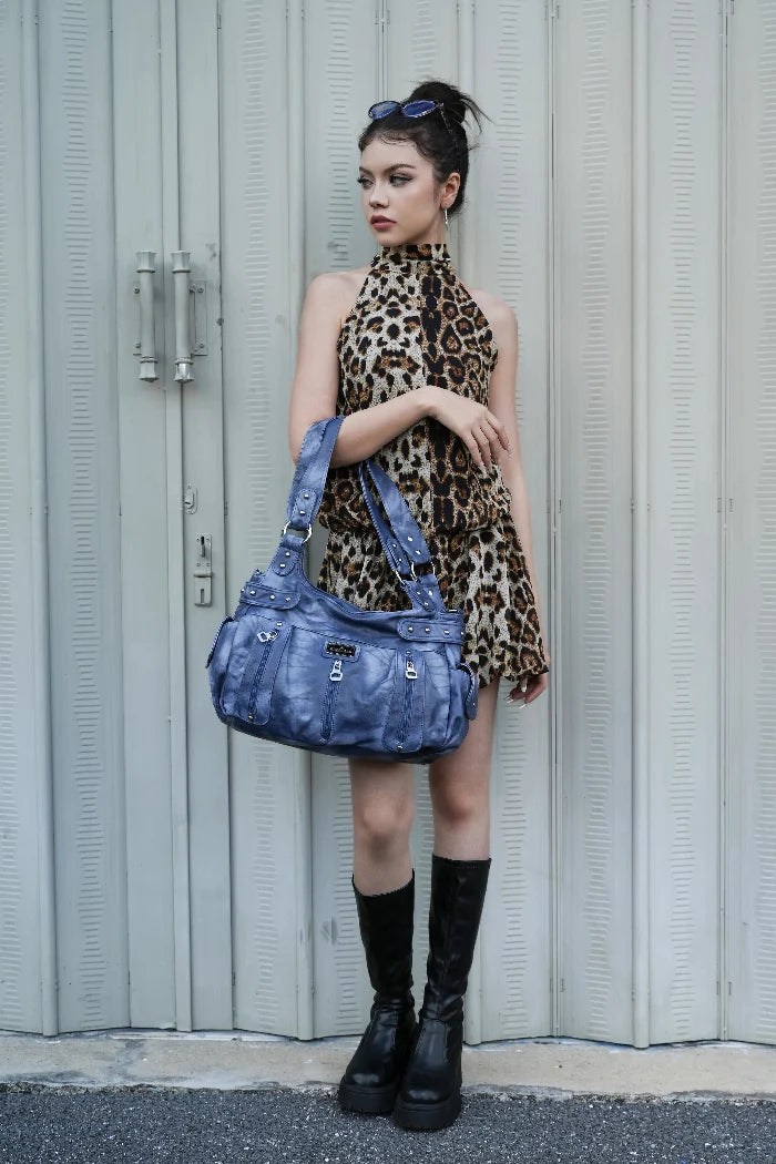 Washed Multi-Zip Hobo Shoulder Bag