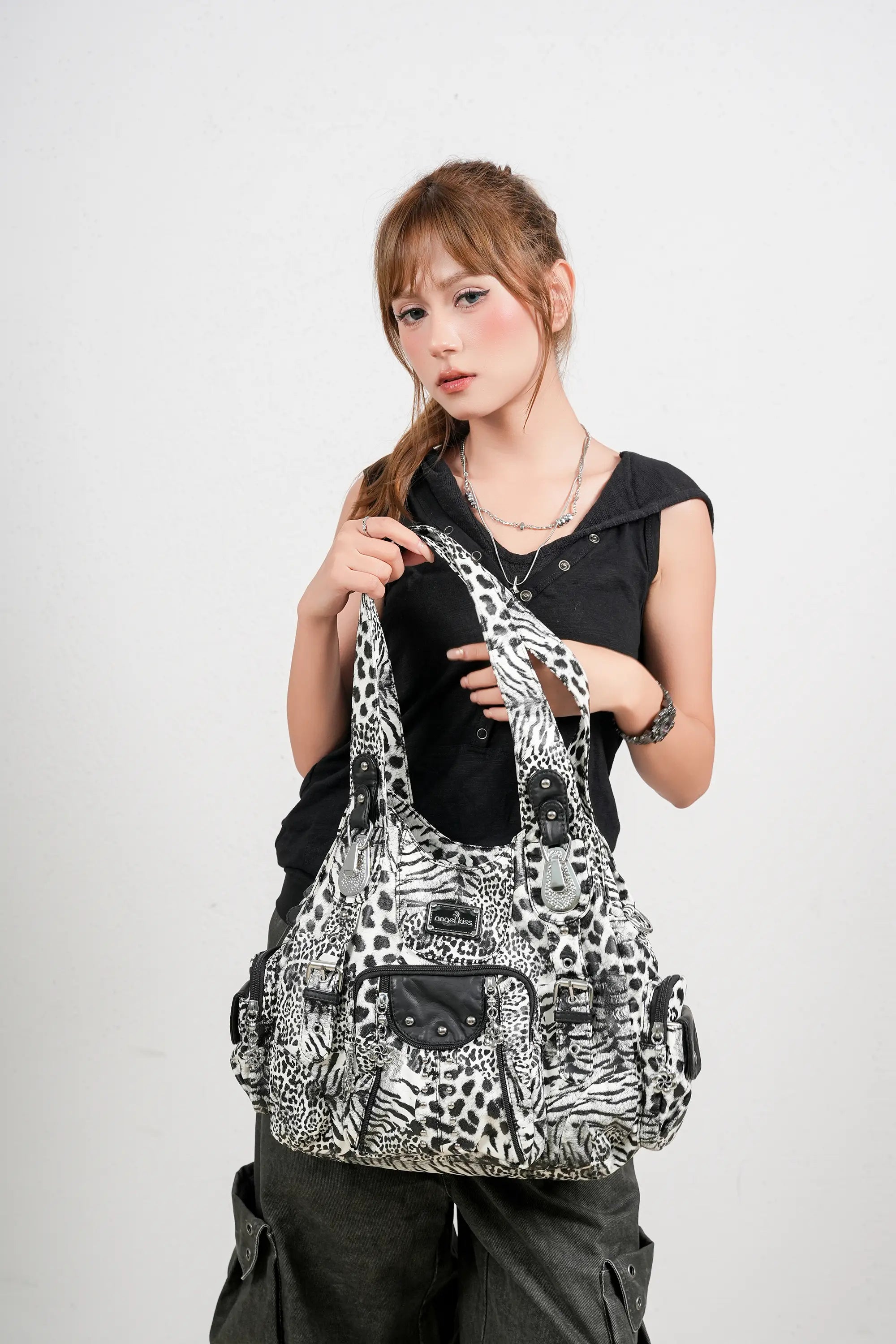 Washed Leopard Print Vintage Multi-Pocket Shoulder Bag for Women