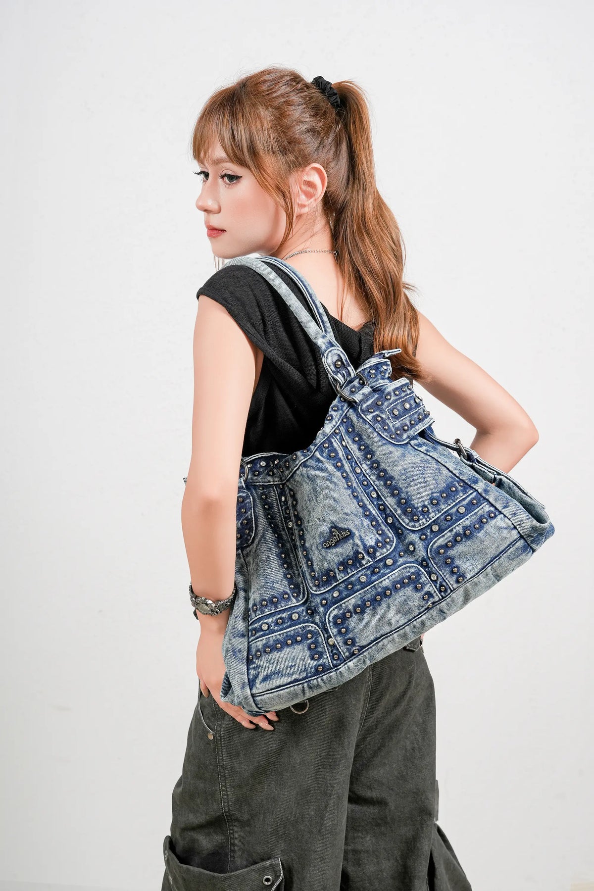 Large Washed Denim Studded Shoulder Crossbody Bag