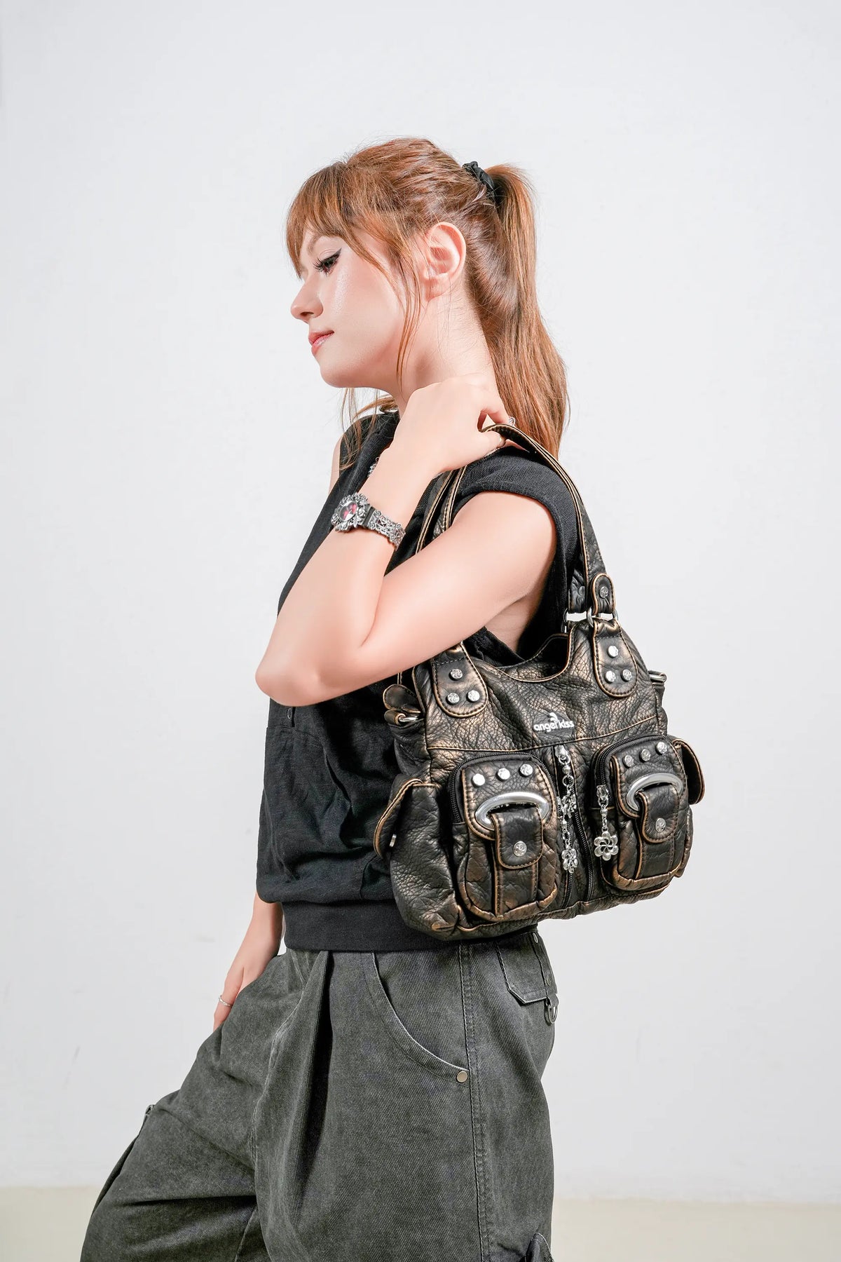 Vintage Multi-Pocket Shoulder Bag - Washed Texture with Studs & Charms