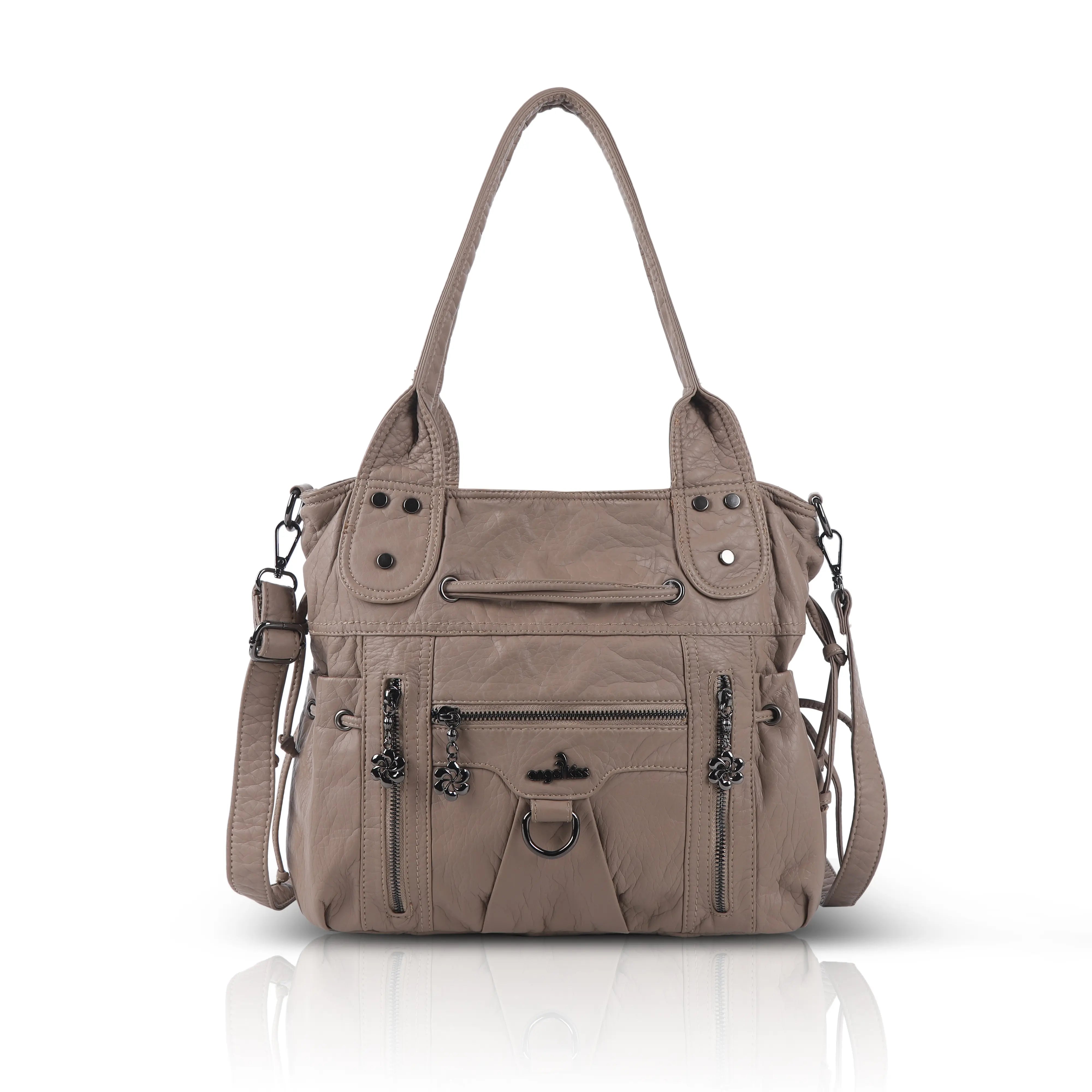 Slouchy Vegan Leather Multi-Pocket Tote Bag, Shoulder & Crossbody