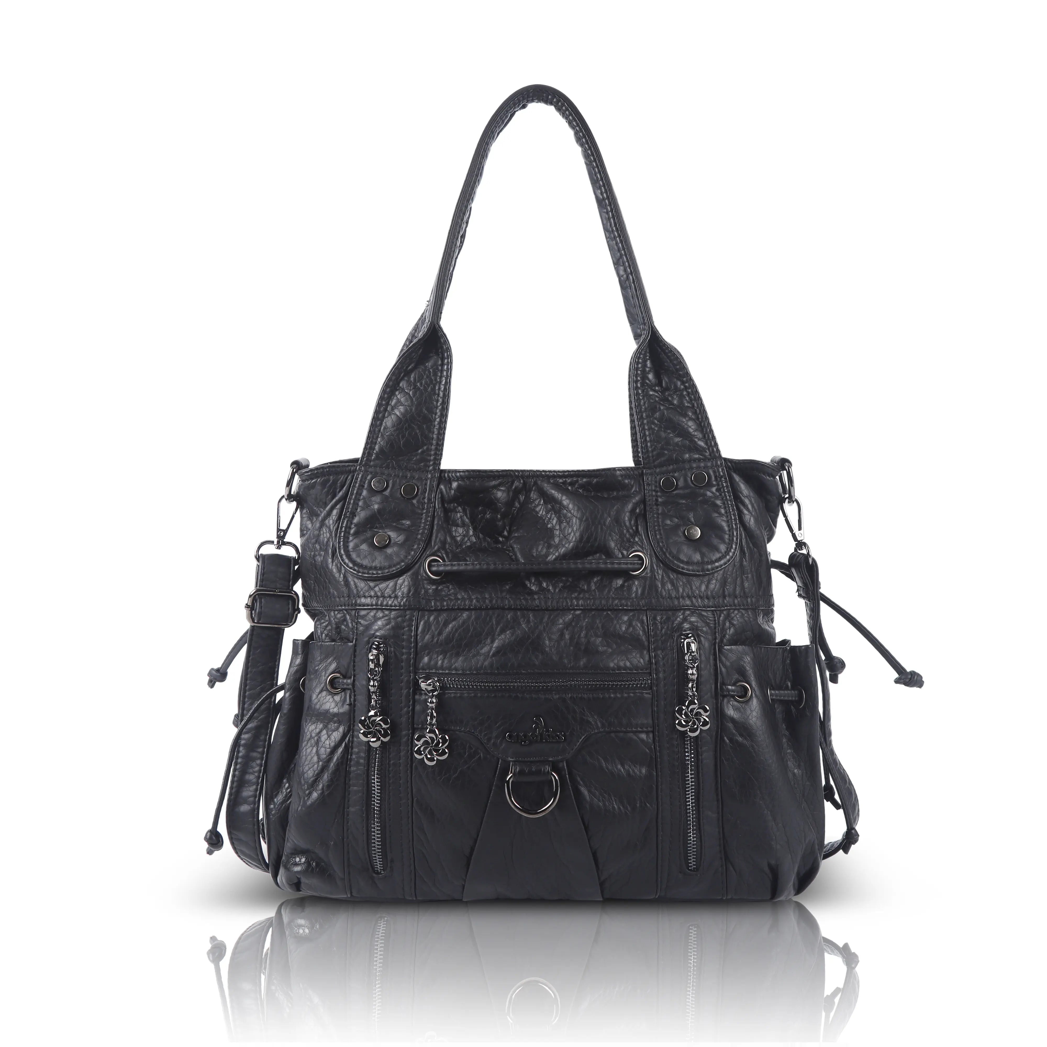 Slouchy Vegan Leather Multi-Pocket Tote Bag, Shoulder & Crossbody