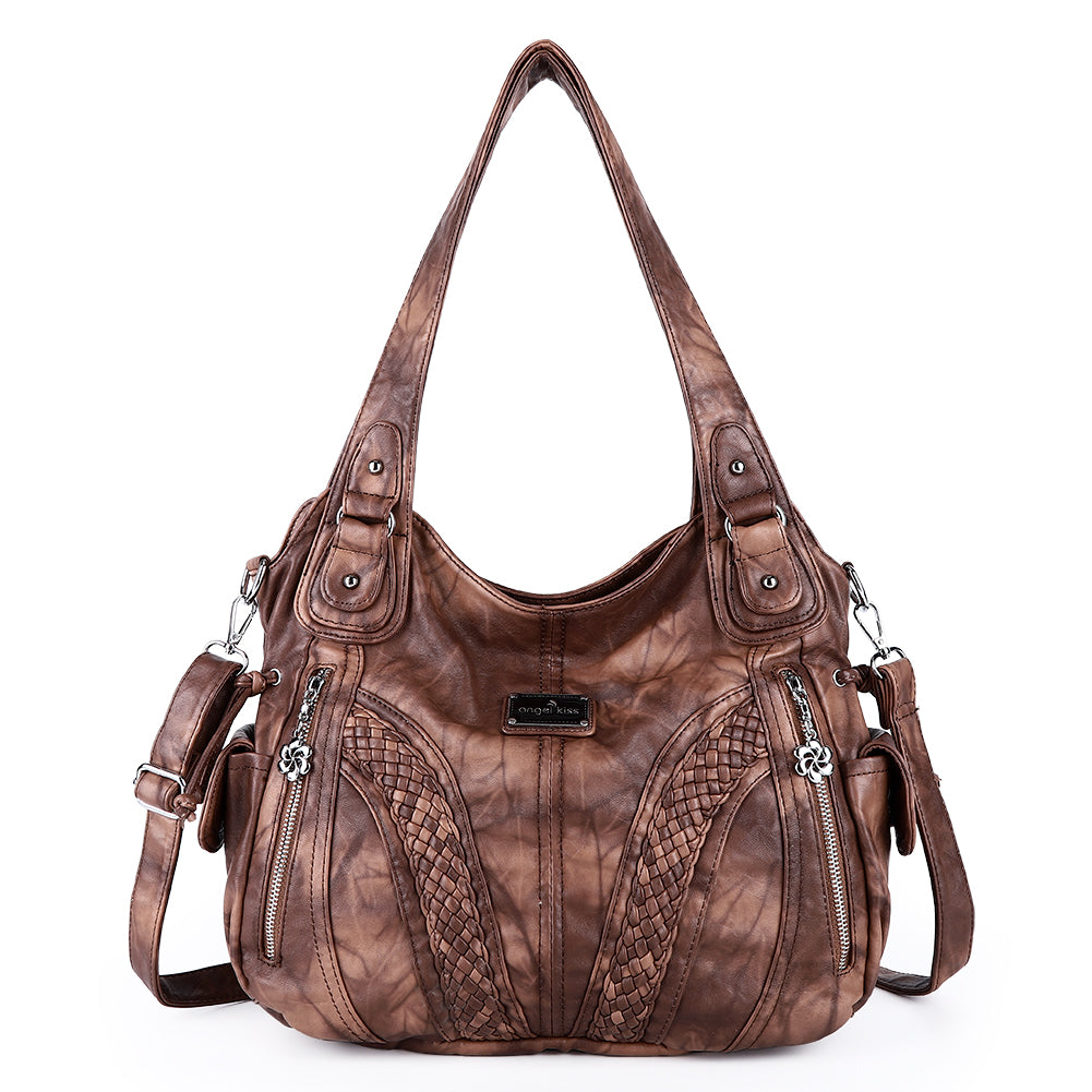 Washed Vegan Leather Multi-Pocket Shoulder Bag
