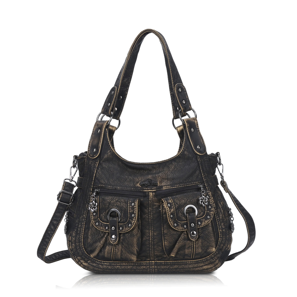 Vintage Studded Shoulder Bag with Dual Front Pockets