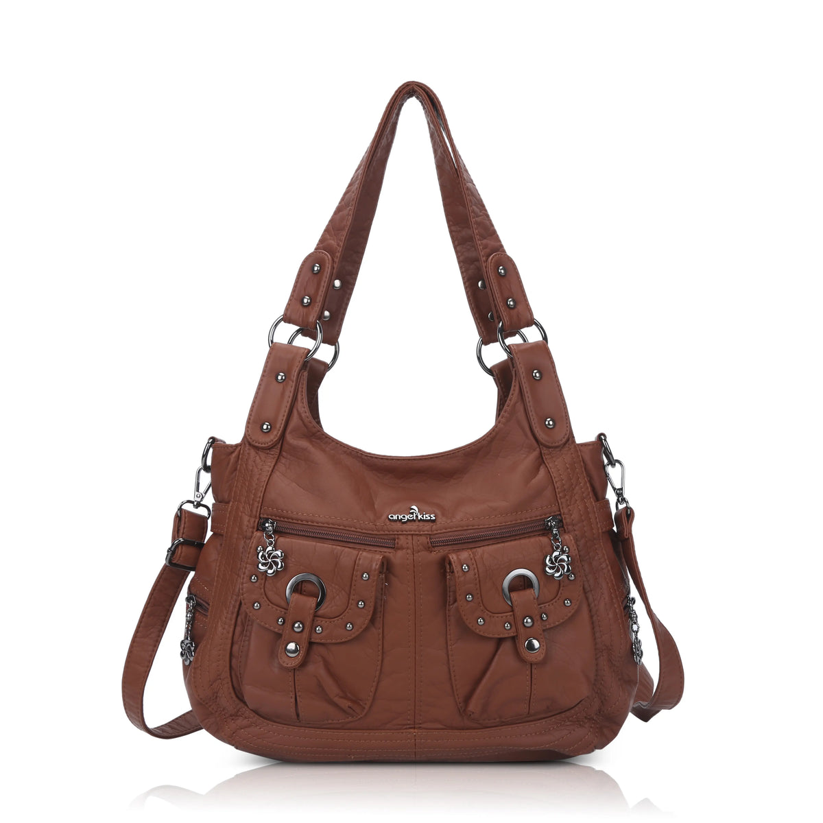 Vintage Studded Shoulder Bag with Dual Front Pockets